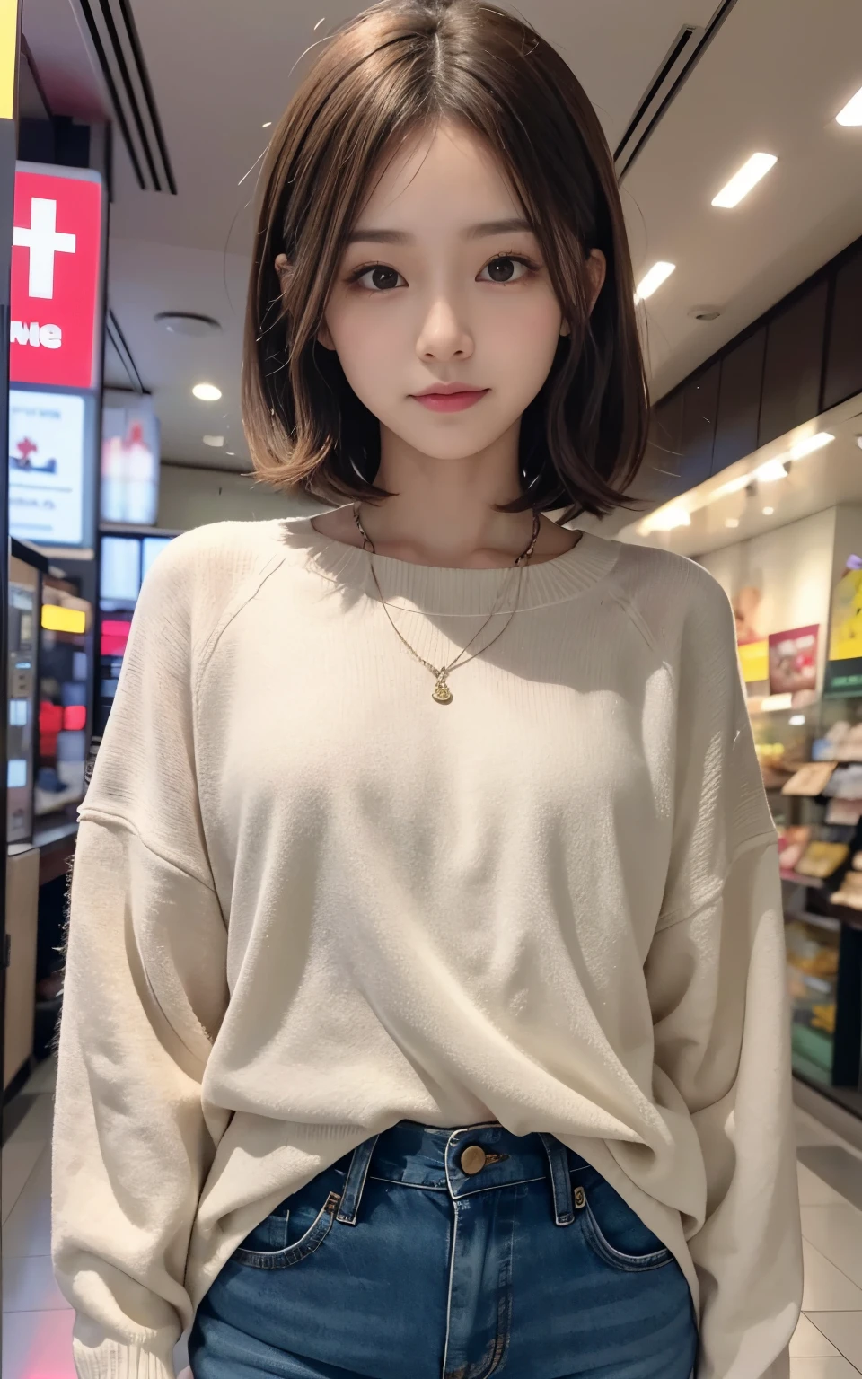 Cute 21 year old Japanese、shopping、Ultra-detailed facial features、Attention to detail、double eyelid、Beautiful and thin nose、Sharp Focus：1.2、beauty：1.4、（Light Brown Hair、Short Hair、）、Pure white skin、highest quality、masterpiece、超High resolution、（Photorealistic：1.4）、High resolution、Professional Lighting、nice smile、please show me your whole body、Casual pants、Colorful spring clothes、