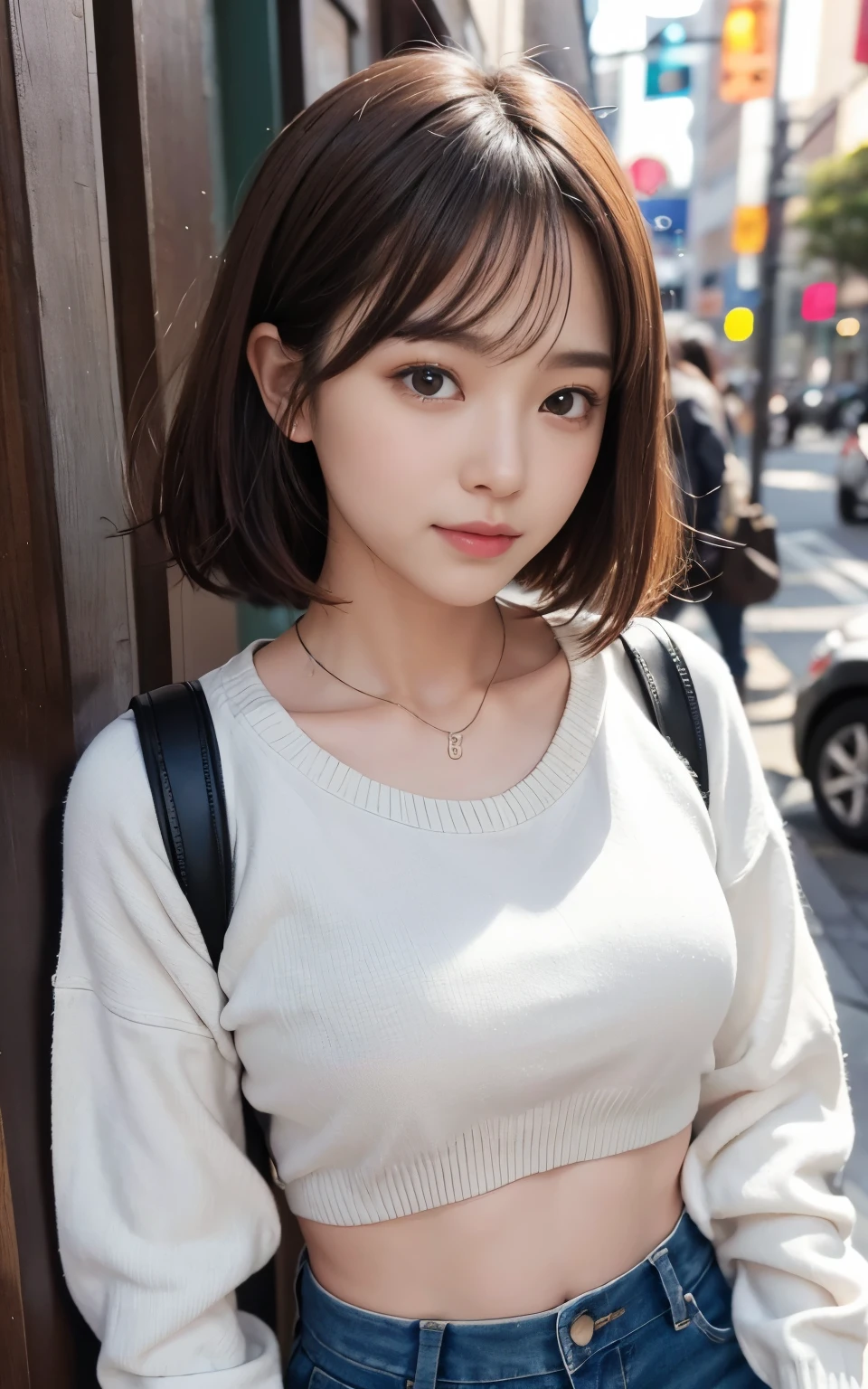 Cute 21 year old Japanese、shopping、Ultra-detailed facial features、Attention to detail、double eyelid、Beautiful and thin nose、Sharp Focus：1.2、beauty：1.4、（Light Brown Hair、Short Hair、）、Pure white skin、highest quality、masterpiece、超High resolution、（Photorealistic：1.4）、High resolution、Professional Lighting、nice smile、please show me your whole body、Casual pants、Colorful spring clothes、