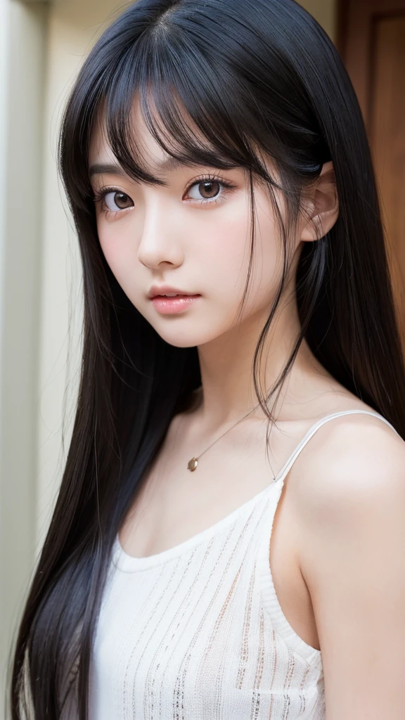 (High resolution:1.3), Japanese, (One Girl), Beautiful Face, (Black-haired、Long Hair:1.3), Beautiful Hairstyles, Realistic eyes, Beautifully detailed eyes, (White skin:1.2), Beautiful skins, Highly detailed cute girl,(20-year-old), Photos taken with a home camera