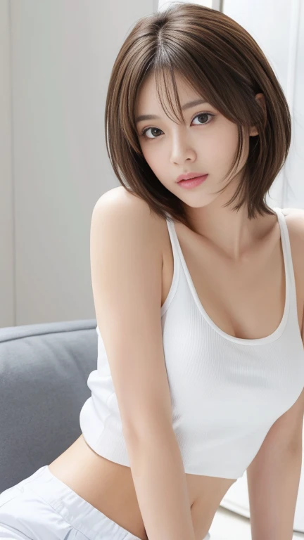 Photorealistic、Masseter muscle area、Highest quality、High resolution、RAW Photos、Realistic、Bright lighting、Face Light、Smooth Professional Lighting、Japanese women、Beautiful woman、Modeled、gravure、sexy、so beautiful、Realistic and beautiful skin、Beautiful and detailed、Detailed face、slim、Moderate、short hair、Brunette colored hair、Brown eyes、looking at the camera、White tank top、Shorts、take a picture