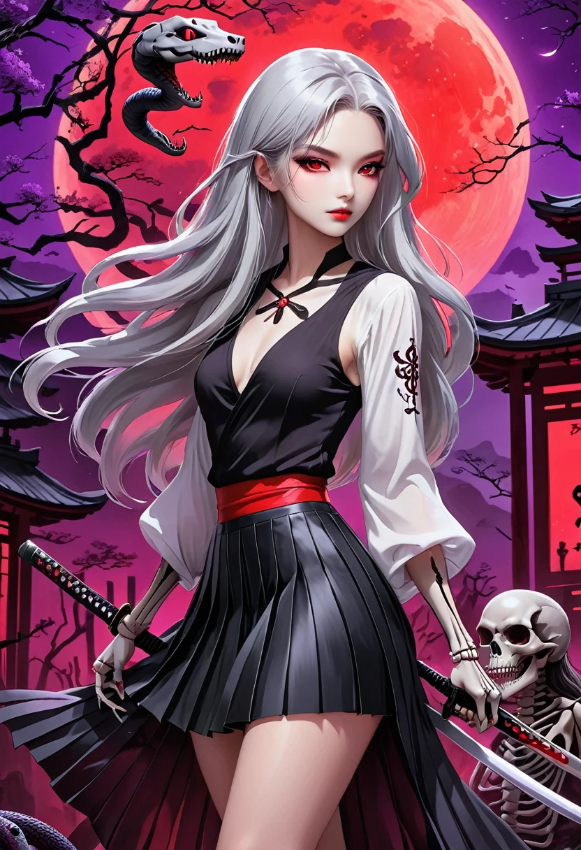 Flat style，Japanese anime style，(((1 beautiful girl，Silver long hair，Smooth skin，Black pleated skirt)))，Katana in hand，Elegant dynamic pose，Dynamic Blur，Red Moon，Dark purple tones，Mysterious and elegant atmosphere，(((Purple fluorescent python snake skeleton background)))