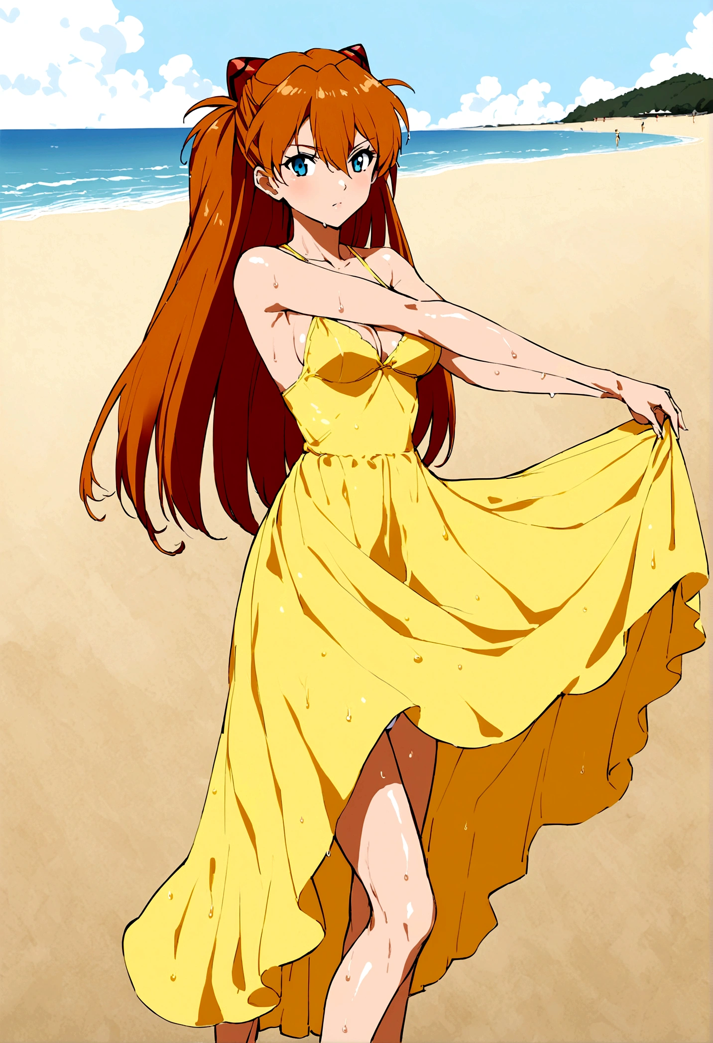 asuka Langley, Summer dress, yellow dress, lifted dress, wet white thong, playa, standing, medium breasts, perfect legs, perfect arms, pose sexy, perfect body, noon