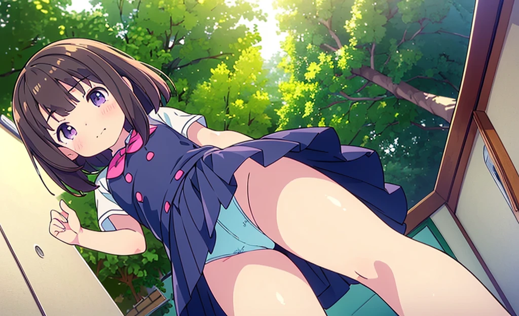 (high quality), (Masterpiece), (Very detailed), girl, (very small bust), short brown hair, purple eyes, shy face, ( de primary), showing her thighs, in the school yard, sunny, camera angle from below, adorable eyes, (primary school uniform) NSFW