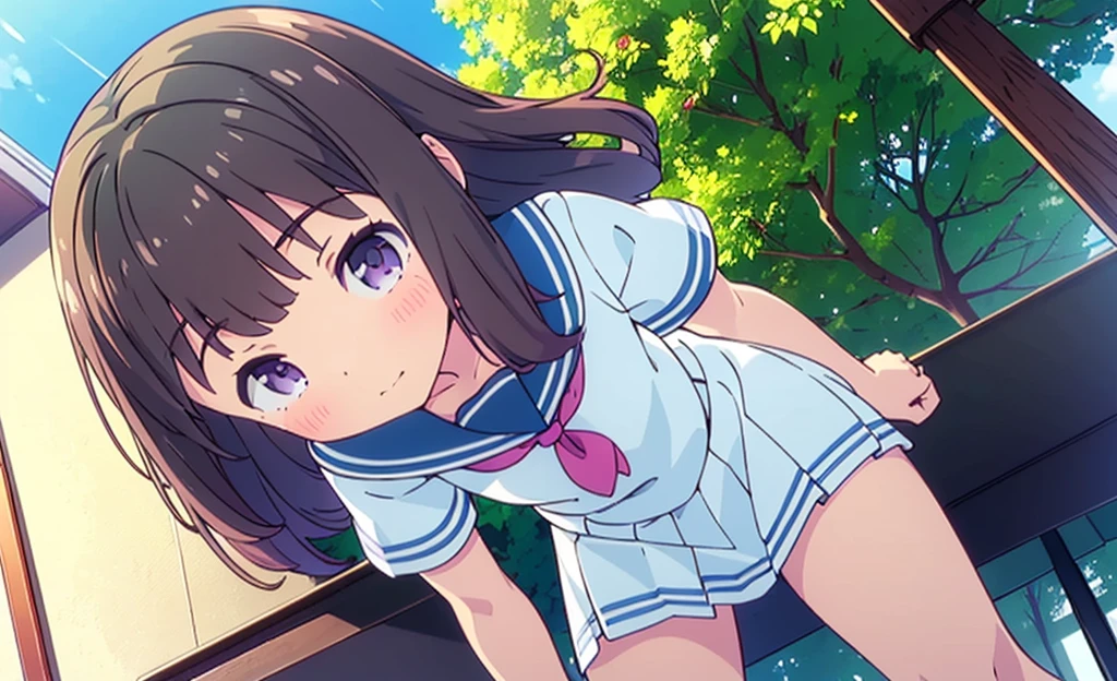 (high quality), (Masterpiece), (Very detailed), girl, (very small bust), short brown hair, purple eyes, shy face, (loli de primary), showing her thighs, in the school yard, sunny, camera angle from below, adorable eyes, (primary school uniform) NSFW