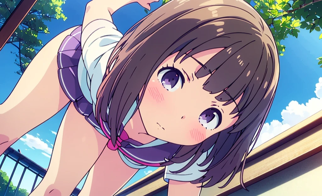 (high quality), (Masterpiece), (Very detailed), girl, (very small bust), short brown hair, purple eyes, shy face, (loli de primary), showing her thighs, in the school yard, sunny, camera angle from below, adorable eyes, (primary school uniform) NSFW 