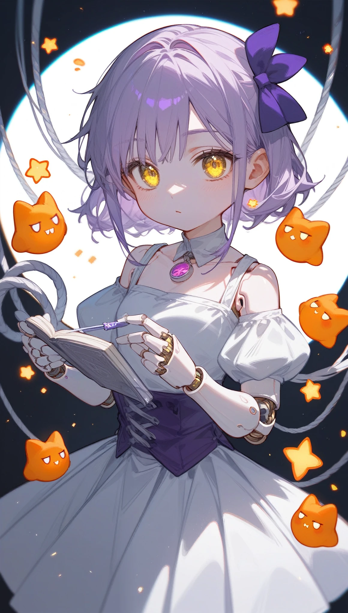 (Fraction_9,Fraction_8_Direction_7_up),(1 woman),Yellow eyes,(Sexy),puppet,Ghost baby,Light purple skin,Silver wire links the joints,Black and purple clothes,White skirt,Princess Clothes,