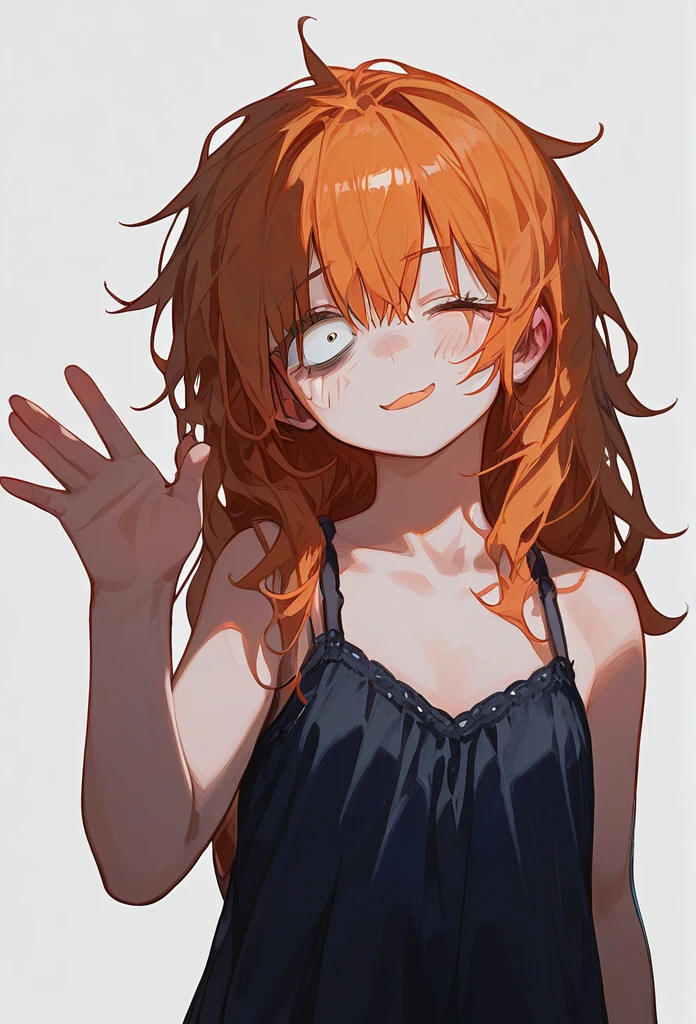 
masterpiece, best quality, (score_9, score_8_up, score_7_up), 1 girl, solo, portrait, onepieceNami, bags under eyes, orange hair, long hair, messy hair, white dress, spaghetti straps, sleeveless dress  , brown cardigan, standing, hand scratching eye, one eye closed, one hand raised, delicate hands, sleepy, waving mouth, looking at viewer, white background, simple background, masterpiece, best quality