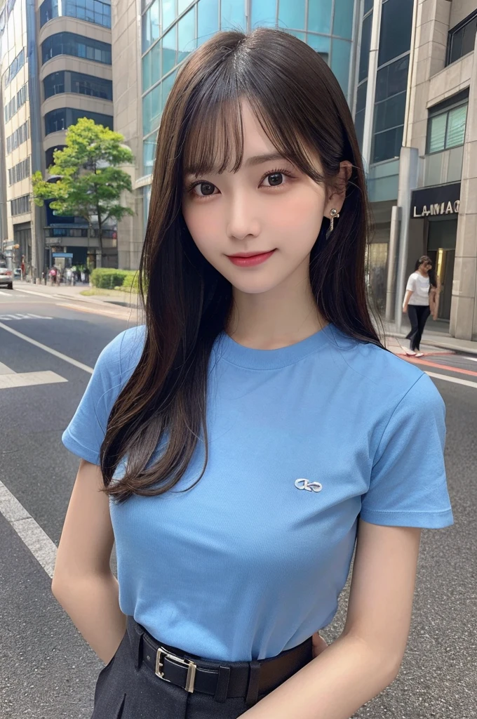 (8k, RAW photo, top quality, masterpiece: 1.2), (realistic, photorealistic: 1.37), three-dimensional, ultra detail, ultra high resolution, one girl, beholder, beautiful detailed face, smile, constriction, (slim waist): 1.3), beautiful detailed skin, skin texture, floating hair, professional lighting, Japanese beautiful girl, medium hair, beautiful hair, 20 years old, attractive breasts, huge breasts, full body from toes to head, standing, Shift gaze away, gaze into the distance, Sibuya city, slightly smiles, bracelet, earing,  slacks, loose light blue T-shirts, T-shirt in slacks, belt,