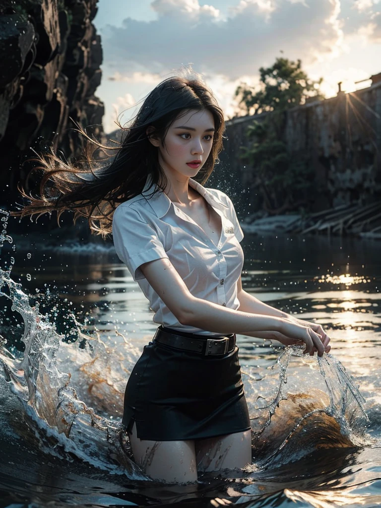 18s woman in thai university uniform, very beautiful, pretty, wet long straight hair, white wet plain short-sleeve button up shirt:1.2, black bra under the shirt:1.2, black wet tight mini skirt:1.2, brown belt, masterpiece:1.2, high detail, realistic, cinematic scene, slim and perfect figure, perfect body proportions, 16k, portrait photo, dynamic pose, dynamic compositions, water, surrounded by heavy water:1.2, motion blur, long exposure, at sea shore, martial arts, blue light tone, water magic, (water element:1.2), water goddess, xuer martial arts, insane detailed on face, close up, water droplets on the skin:1.2, water drips all over her body:1.2, water droplet on her face:1.2, wet body:1.2, selective focus, shallow sea