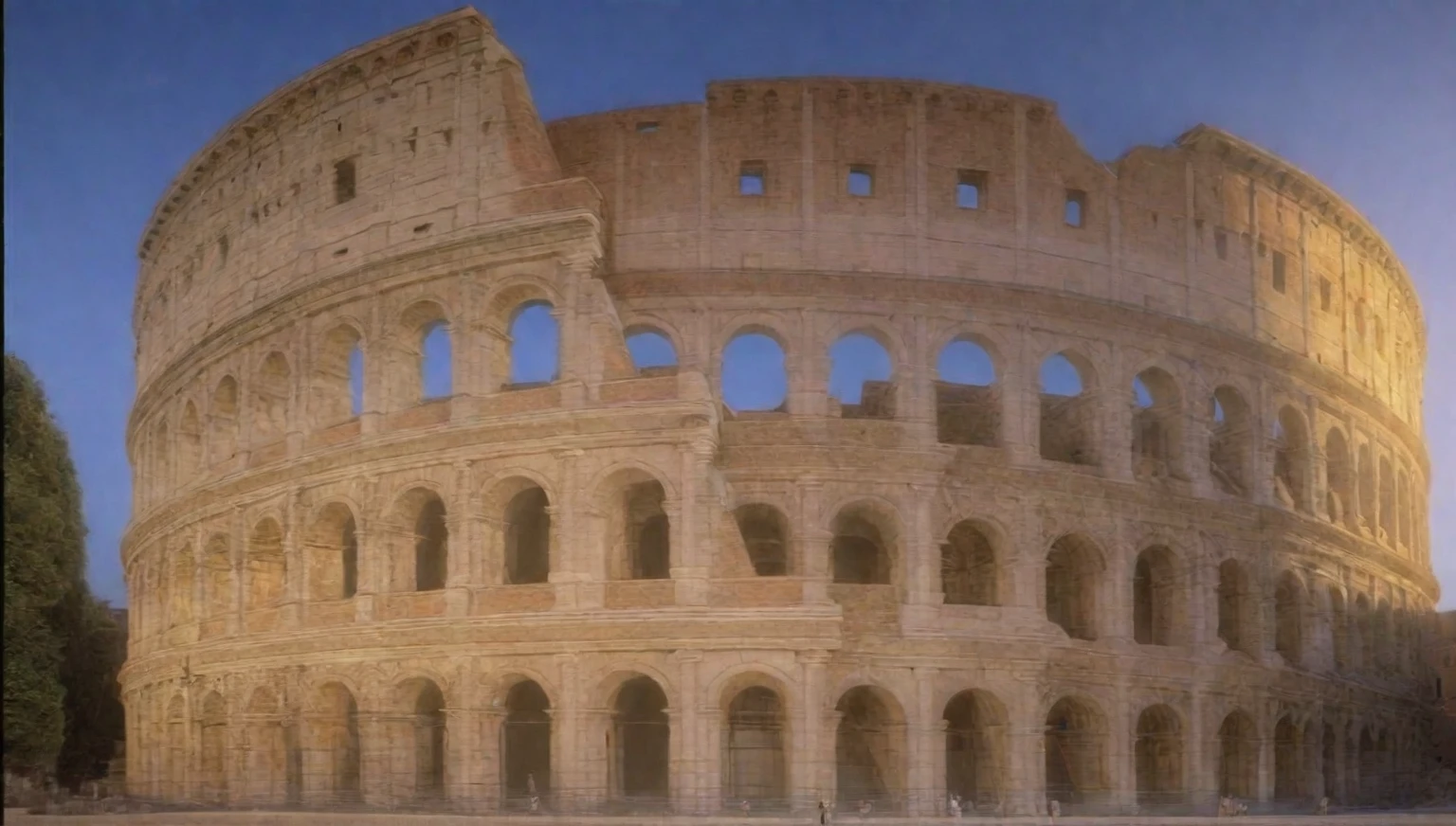arafed view of a large building with a man walking in front of it, colosseo, colosseum, roman coliseum, roman architecture, coliseum of rome, roma, in a city with a rich history, coliseum, rome, ancient rome, old roman style, roman style, roman historic works, monumental structures, ancient roman style, roman monuments