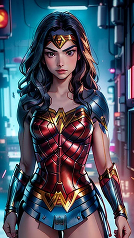 best quality,masterpiece,1girl,solo,(((13years old))),japanese boy,an extremely cute and handsome boy,highly detailed beautiful face and eyes,petit,cute face,lovely face,baby face,shy smile,show teeth, Black hair,Long hair,flat chest,skinny,slender,(((wearing a Wonder Woman costume))),(((standing in Dark Midnight Neon Glow light Cyberpunk metropolis city))),he is looking at the viewer,