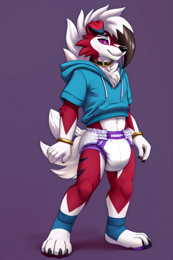 A dark purple Midnight femboy lycanroc wearing a blue and purple hoodie and diaper and white socks with black stripes and a gold necklace on his neck and with bracelets on his arms 