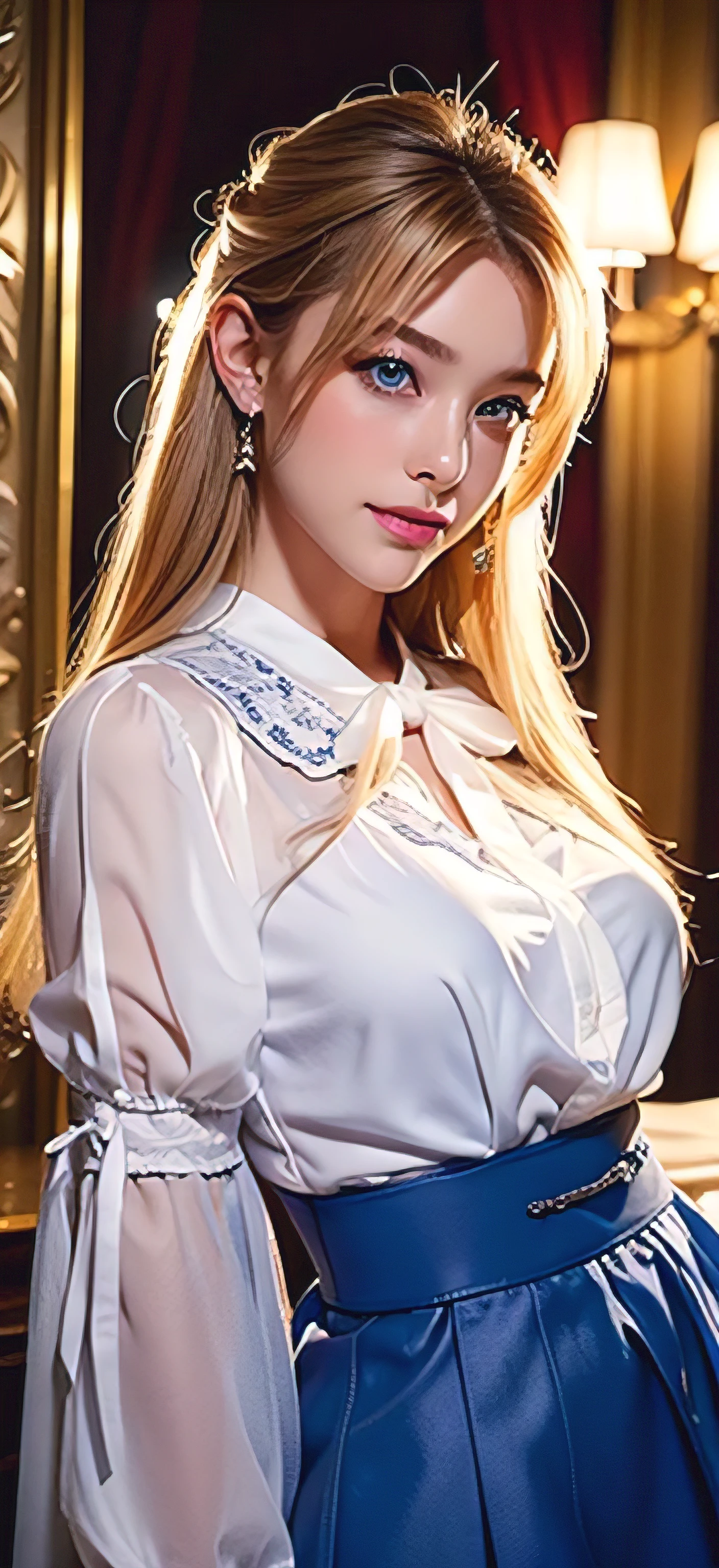 Night view、illumination、blue eyes、bionde、Ultra-long、Full body photo、Sexy Face、 A look of complete lust、(((masterpiece)))、((Highest quality))、((超Realistic))、Mature woman、Mature woman、perspective、Very detailed、The perfect temptation、Best image quality、Fine-grained image quality、beautiful、Europe, woman, French, woman Italian, Italian, smile、blue eyes、jewelry, blue eyes, Realistic, High resolution, Glowing Skin, (Detailed face)、wearing white blouse with big ribbon tie_long see-through sleeves,blue flared mini skirt