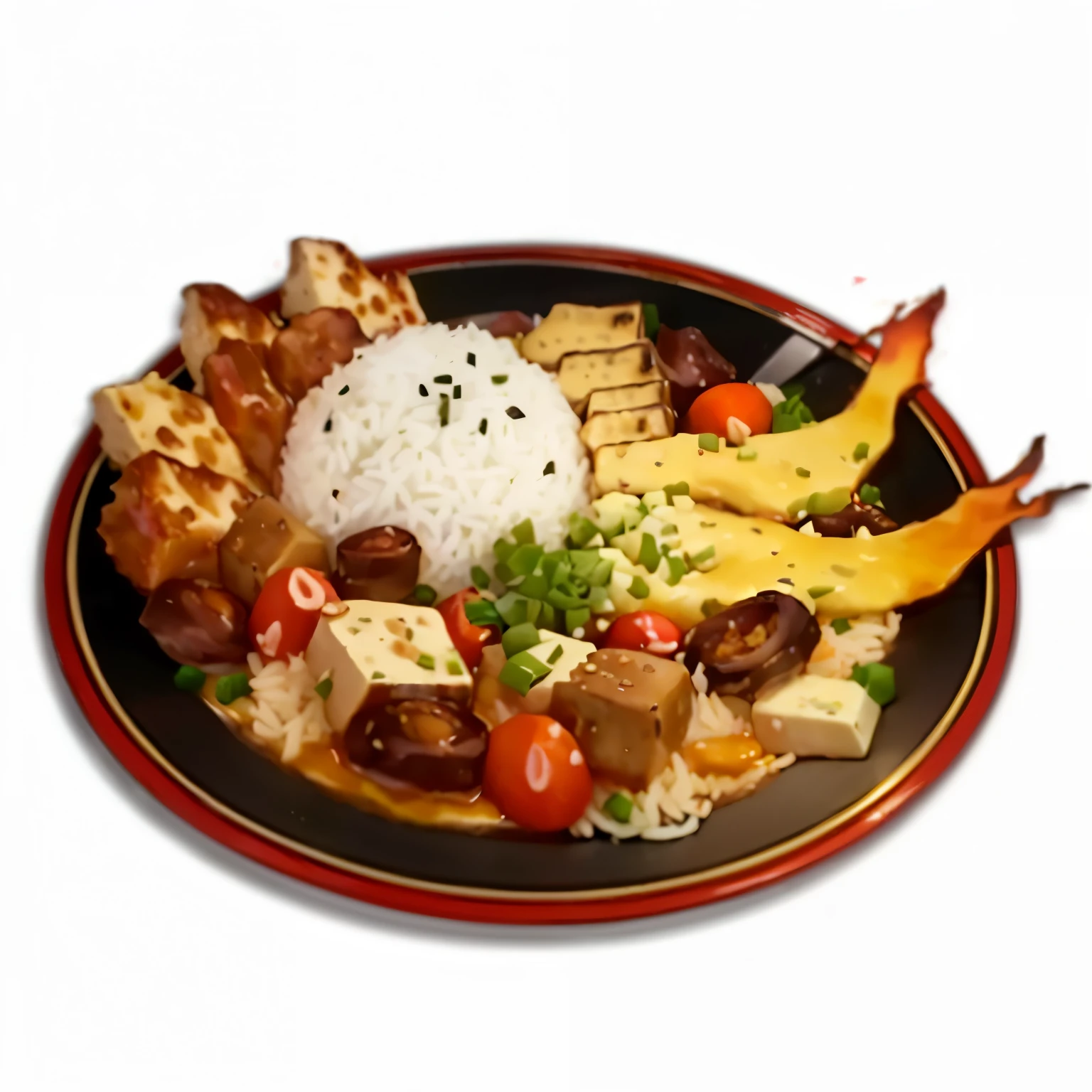 There is a plate of food，With rice and meat on top, ❤🔥🍄🌪, Anime Food, Offer a plate of food, Hyper-realistic food pictures, Map tofu cartoon, [ [ Surrealism ] ], Inspired by Tananomura’s architecture, Inspired by Okada Kitasanjin, appetizing, delicious food, Fantasy food, 8K!!