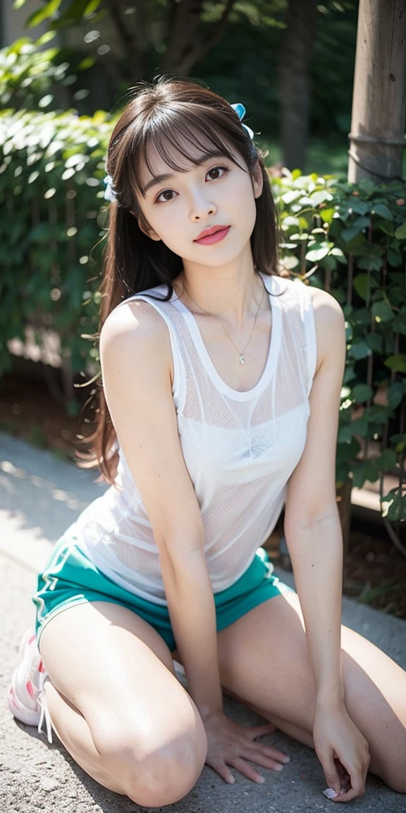 masterpiece, best quality, Surreal, Ultra Detailed, 8k resolution, RAW photos, Clear focus, (A girl in the forest), ((light gray shirt)), sleeveless, sports Shorts,, Solitary, Perfect body, Perfect body, Playful and flirty pose,((The calves are straight and thin:1.5,Wear high-end brand colored sneakers:1.5)),Bangs to eyebrows、Beautiful brown hair、Beautiful and delicate eyes、Brown eyes、Raise an eyebrow、Bangs to eyebrows、Beautiful brown hair、Beautiful and delicate eyes、Brown eyes、Raise an eyebrow、High Nose、Small nostril、Little mouth、Tempting lips、Mouth slightly open、Beautiful breasts、Full body、Oval face,Phoenix Eyes,Eyebrow, Double eyelids, Long eyelashes, A faint smile, full-body shot:1.2,She has a pair of eyes as clear as water,Eyebrows are like distant mountains,Creamy skin,Lips like cherry blossoms。Her beauty is not only in appearance,It's more about her fragile yet tenacious temperament,Like a hibiscus flower swaying in the wind,It's pitiful, A faint smile, full-body shot:1.2,
32 inches in the chest,(a charming smile:1), (sexy pose),26 years old, light,White shoes,