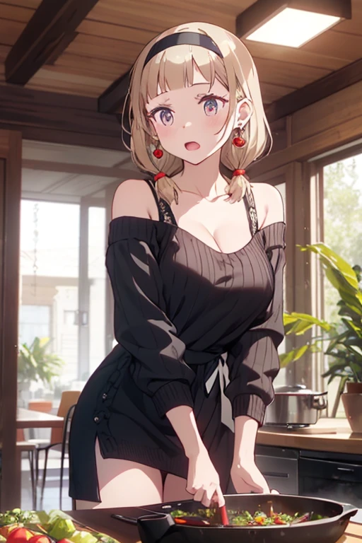 masterpiece, yor, 1girl, Bust A Cup, Amazing Cleavage:1.3, thin waist, big ass, Raised sexy, big breast: 1.2 posed cleavage:1.2、solo, looking at viewer, open mouth, have a cute grass of cute beergrass,black hair, red eyes, dress, bare shoulders, jewelry, collarbone, sidelocks, hairband, earrings, indoors, off shoulder, :o, sweater, arms behind back, plant, short hair with long locks, white hairband, off-shoulder dress, sweater dress, off-shoulder sweater, red sweater, big side hair, very long side hair,is rendered in (masterpiece: 1.2, best quality), with (ultra high resolution) and an exquisite (depth of field). This masterpiece is not only visually stunning but also tells,A scene of cooking in the kitchen
