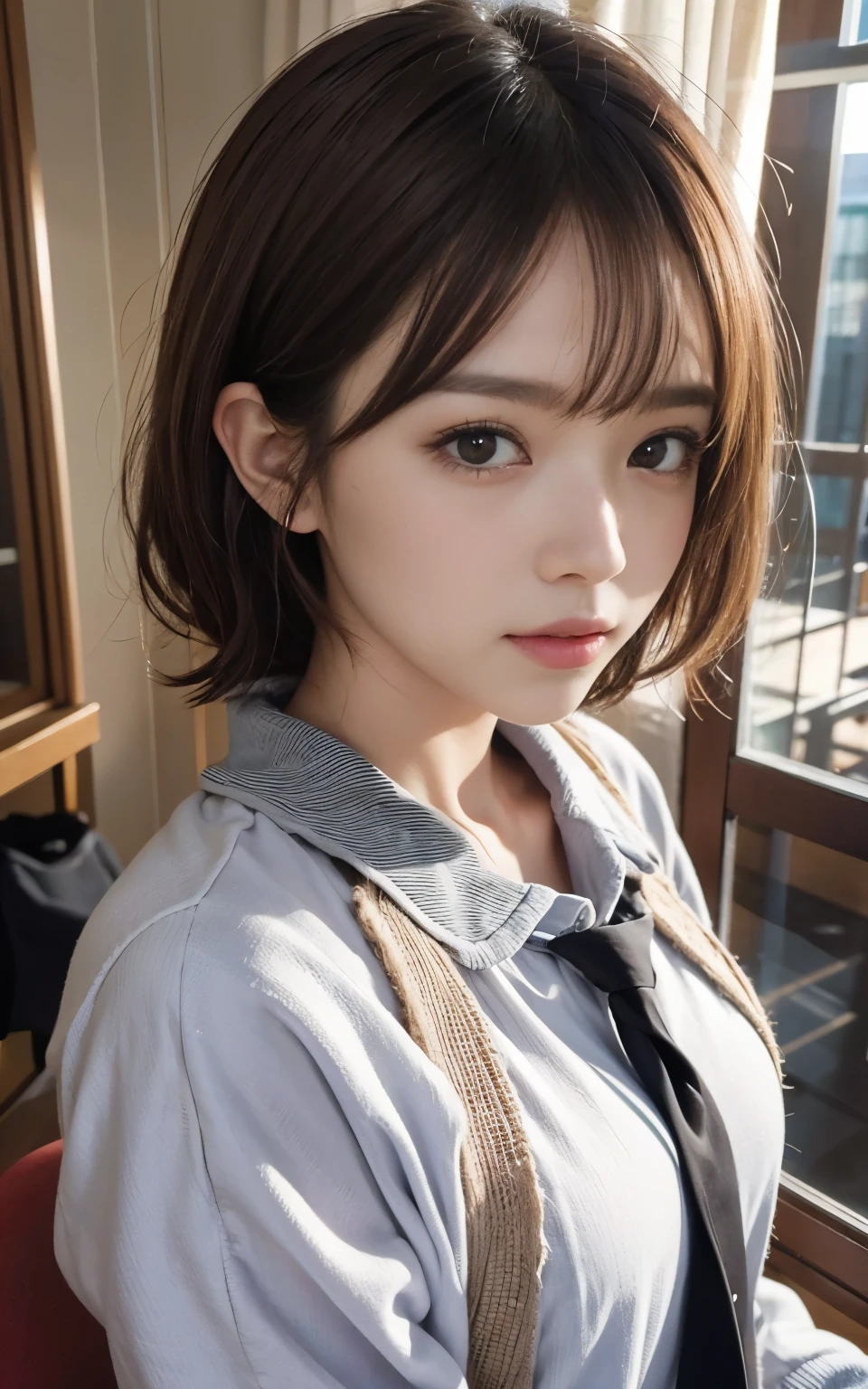 Cute 21 year old Japanese、University、Large classroom、Barely、Super detailed face、Eye for detail、double eyelid、Beautiful thin nose、Sharp Focus:1.2、Beauty:1.4、(Light Brown Hair、Short Hair、Highest quality、Illumination、masterpiece、Ultra-high resolution、(Photorealistic:1.4)、Colorful spring clothes、