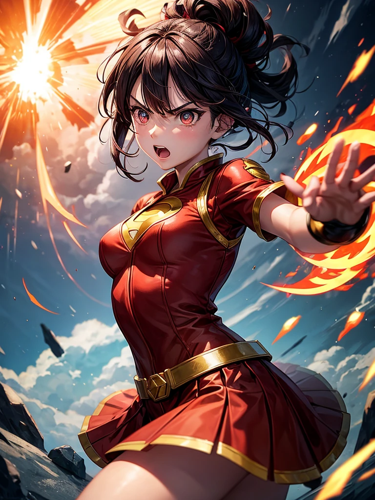 1girl, a superhero, with fire-bender power, in fighting scene, looks angry, in the air