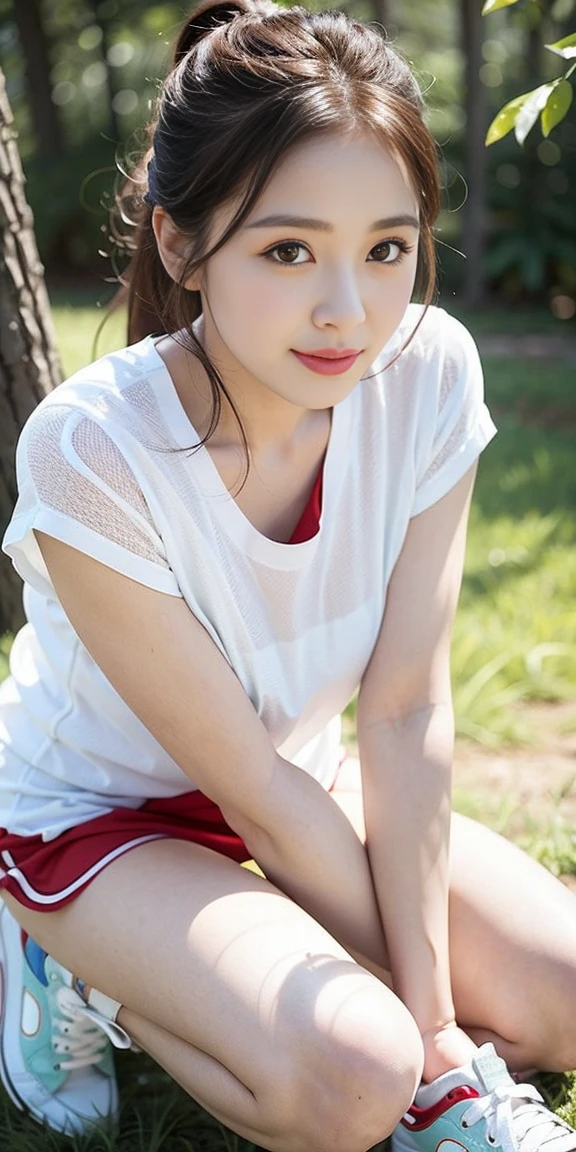 masterpiece, best quality, Surreal, Ultra Detailed, 8k resolution, RAW photos, Clear focus, (A girl in the forest), ((light gray shirt)), sleeveless, sports Shorts,, Solitary, Perfect body, Perfect body, Playful and flirty pose,((The calves are straight and thin:1.5,Wear high-end brand colored sneakers:1.5)),Bangs to eyebrows、Beautiful brown hair、Beautiful and delicate eyes、Brown eyes、Raise an eyebrow、Bangs to eyebrows、Beautiful brown hair、Beautiful and delicate eyes、Brown eyes、Raise an eyebrow、High Nose、Small nostril、Little mouth、Tempting lips、Mouth slightly open、Beautiful breasts、Full body、Oval face,Phoenix Eyes,Eyebrow, Double eyelids, Long eyelashes, A faint smile, full-body shot:1.2,She has a pair of eyes as clear as water,Eyebrows are like distant mountains,Creamy skin,Lips like cherry blossoms。Her beauty is not only in appearance,It's more about her fragile yet tenacious temperament,Like a hibiscus flower swaying in the wind,It's pitiful, A faint smile, full-body shot:1.2,
32 inches in the chest,(a charming smile:1), (sexy pose),26 years old, light,White shoes,