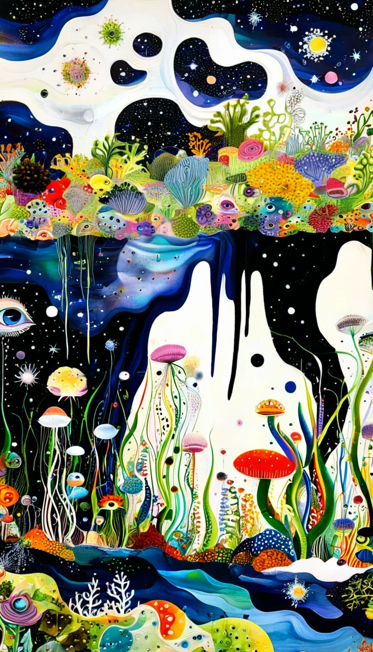 microorganism、plant、Marine life、Exquisite eyes、Starry Sky，Stitching together an abstract painting，Describing the inner world of autistic people，3D spatial sense，White Space，interesting，Innocence，Psychedelic Art，Strong contrast between light and dark