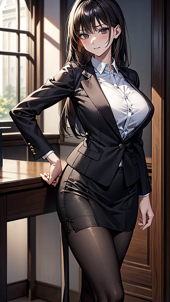 (masterpiece), ((highest quality)), (masterpiece,highest quality,Official Art,Highly detailed CG Unity 8k wallpaper), , photograph, An elegant, upper-class, elite secretary in a business shirt, Working in the office,Wear a strict business suit, Wearing pantyhose,Wear high-quality high heels,Girl in a shirt, business suitを着ている, Huge ,whole body,business suitを着ている, business suitを着て, Businesswoman, Business attire, Wearing a black business suit, Wear a shirt and skirt, A woman wearing a business suit, business suit, business attire,Dramatic Light，Displaying the viewer，Large breasts, big breasts