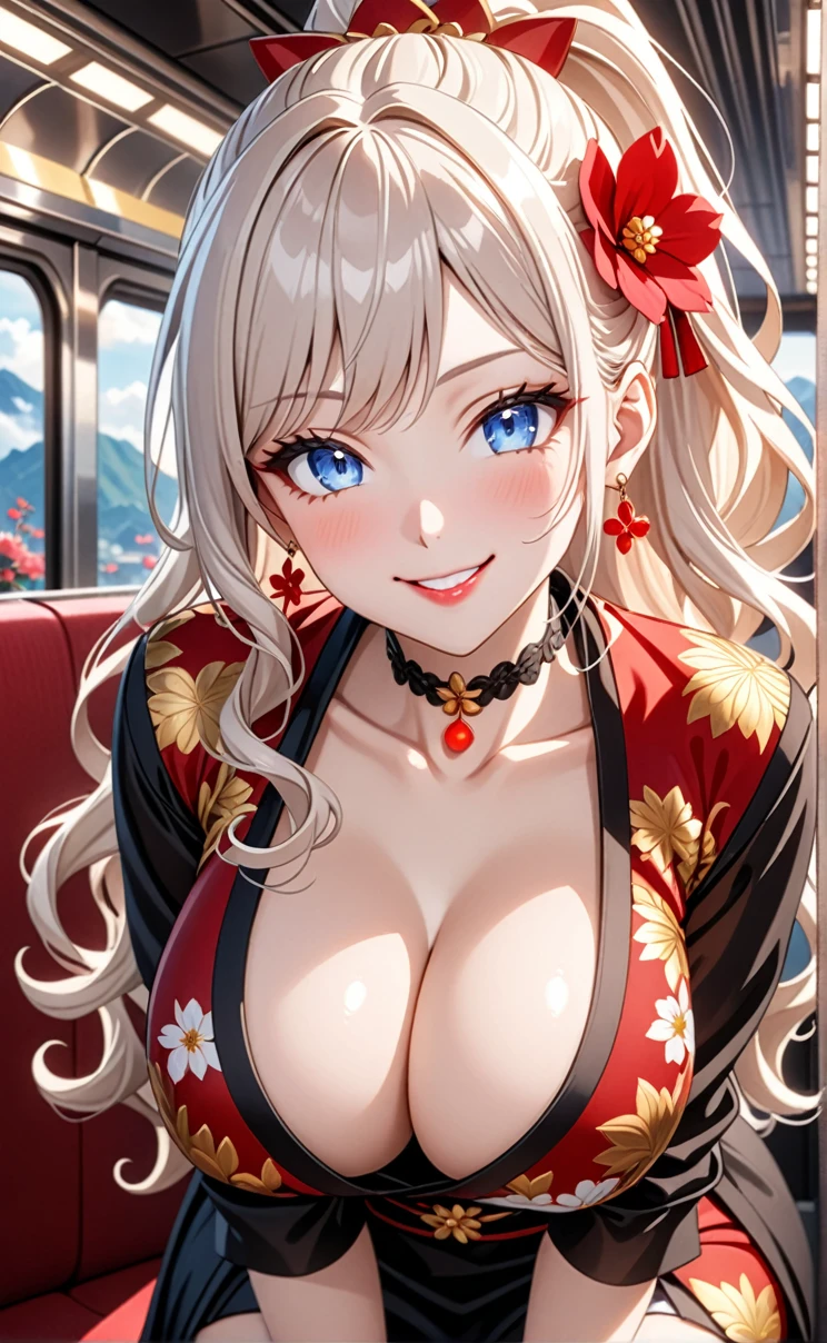 ultra-detailed, ((one girl)), (pale skin:1.3), gyaru, ((blue eyes)), (heavy makeup), hyper detailed, absurdres, 8K, Beautiful Face, (Laugh shyly), ((teasing smile:1.8)), ((Wink:1.7)), (Laugh with your mouth wide open),((Tilt your head:1.7)), View your viewers, ((Bright red cheeks:1.6)),Glossy Red Lips, ((Big Breasts:1.5)), (show off breast), noon, on the train, (Brighten your face), ((Anime style background)),masterpiece, Highest quality, so beautiful,Latest, Complex details, (Pink long nails), (nail art), (ring),(bracelet), (Floral Choker),AI-generated, Complex,High resolution, Highest quality, super high quality,3D Images、3D Images,One person,Long white hair,(High Ponytail), (wavy hair:1.3), White haired anime woman posing for a photo, ((Fine grain、blue eyes、glowing eyes:1.4)), (Squint your eyes:1.1),a hyperRealistic , hyperRealistic , Realistic,Anime woman with long white hair, Smooth anime CG art, (A girl in a gorgeous black kimono), ((Black furisode:1.3)), (Gold embroidery), Red floral pattern, ((undressing)),  Long flower hair ornament,Floral Earrings,Mature Body, tall,Narrow waist, Sit in your seat, ((leaning forward:1.5), ((front view)),((Zoom up to face:1.3)),