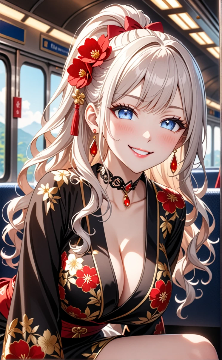 ultra-detailed, ((one girl)), (pale skin:1.3), gyaru, ((blue eyes)), (heavy makeup), hyper detailed, absurdres, 8K, Beautiful Face, (Laugh shyly), ((teasing smile:1.8)), ((Wink:1.7)), (Laugh with your mouth wide open),((Tilt your head:1.7)), View your viewers, ((Bright red cheeks:1.6)),Glossy Red Lips, ((Big Breasts:1.5)), (show off breast), noon, on the train, (Brighten your face), ((Anime style background)),masterpiece, Highest quality, so beautiful,Latest, Complex details, (Pink long nails), (nail art), (ring),(bracelet), (Floral Choker),AI-generated, Complex,High resolution, Highest quality, super high quality,3D Images、3D Images,One person,Long white hair,(High Ponytail), (wavy hair:1.3), White haired anime woman posing for a photo, ((Fine grain、blue eyes、glowing eyes:1.4)), (Squint your eyes:1.1),a hyperRealistic , hyperRealistic , Realistic,Anime woman with long white hair, Smooth anime CG art, (A girl in a gorgeous black kimono), ((Black furisode:1.3)), (Gold embroidery), Red floral pattern, ((undressing)), Long flower hair ornament,Floral Earrings,Mature Body, tall,Narrow waist, Sit in your seat, ((leaning forward:1.5), ((front view)),((Zoom up to face:1.3)),