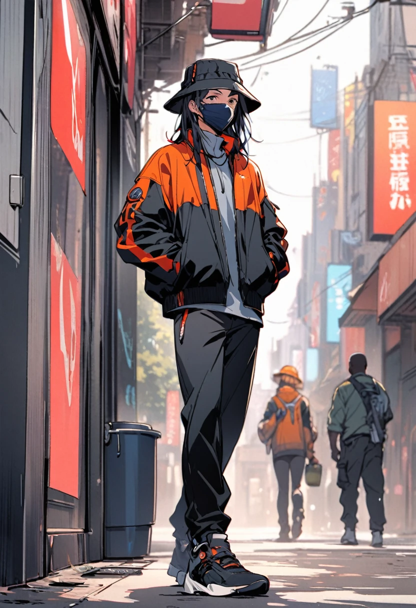 mouth mask, 1man, black man, bucket hat, tech hear, jacket, full body