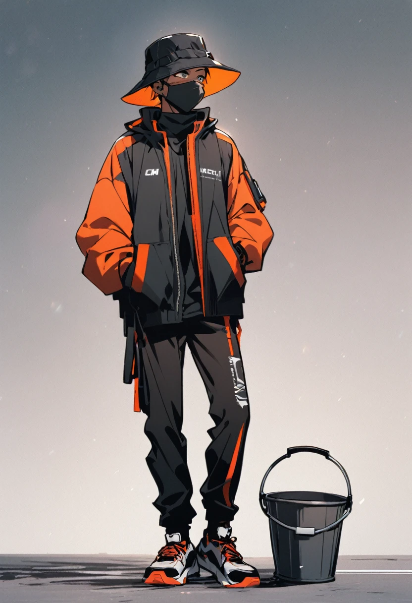 mouth mask, 1man, black man, bucket hat, tech hear, jacket, full body