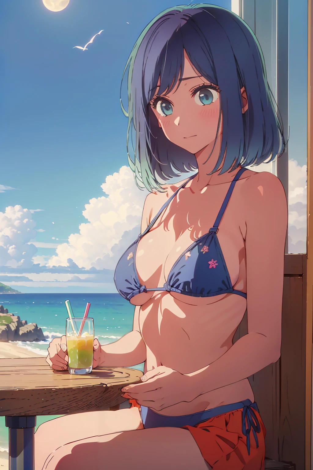 (Highest quality:1.4、masterpiece:1.4、Super detailed:1.4、8K:1.4)、((((1 person、Surprised expression、sit、Outdoor café terrace、coastal、juice、table、Sandy Beach、juiceのグラスを持つ、Plain Bikini、Very soft boobs、Big eyes、Very cute face))))、(moonlight:1.4、at midnight:1.4)、F cup bust、Medium breast、Underboob