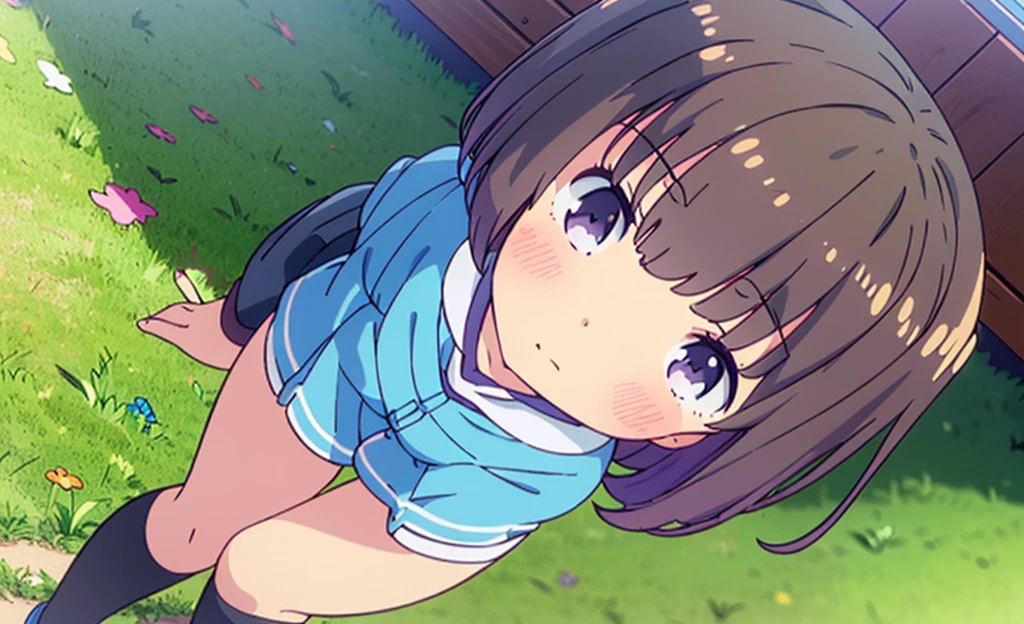 (high quality), (Masterpiece), (Very detailed), girl, (very small bust), short brown hair, purple eyes, shy face, (loli de primary), showing her thighs, in the school yard, sunny, camera angle from below, adorable eyes, (primary school uniform) NSFW 