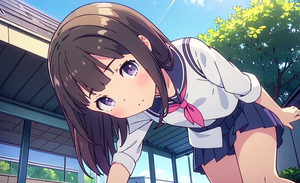 (high quality), (Masterpiece), (Very detailed), girl, (very small bust), short brown hair, purple eyes, shy face, (loli de primary), showing her thighs, in the school yard, sunny, camera angle from below, adorable eyes, (primary school uniform) NSFW
