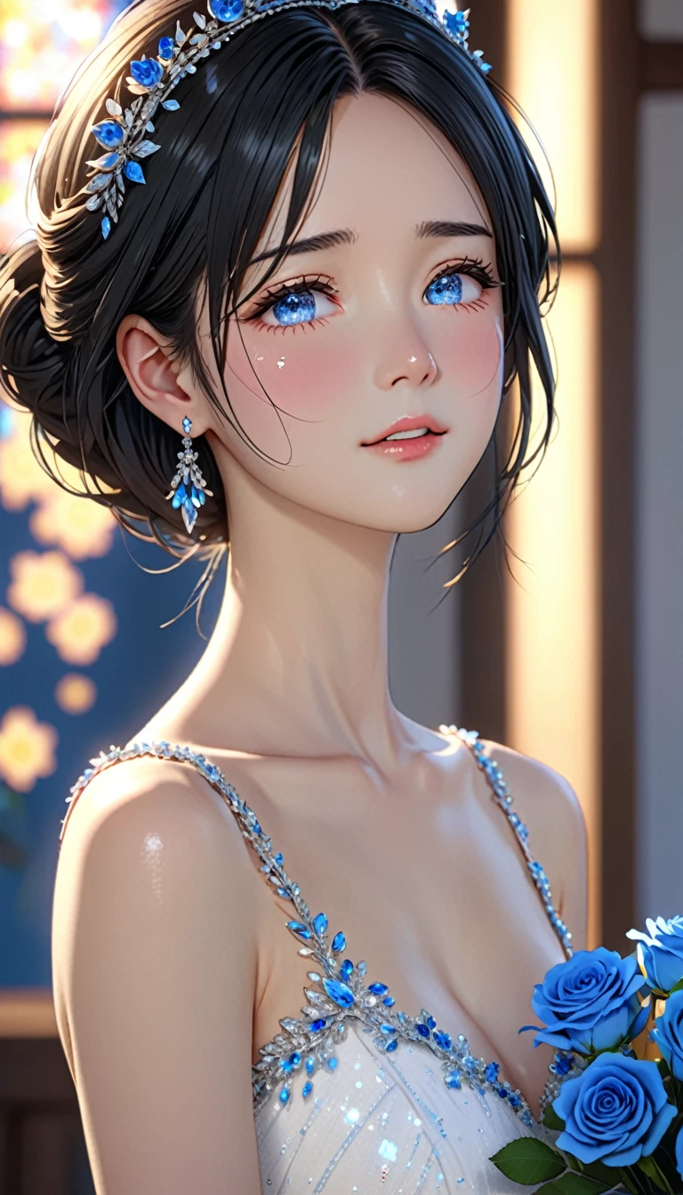National Science Foundation,masterpiece,High resolution,8K,16k,Art,digit,Three-dimensional,Kyoto Animation Style,your name movie style,UHD,high details,highres,high quality,best quality,super detail,textured skin,accurate,anatomically correct,award winning,Facing the camera,Soft Light,Glowing skin,(1 female: 1.3),(alone: 1.4),(((Black hair))),(Gorgeous,sparkling wedding dress),Swarovski crystals on gorgeous wedding dress,crystal crown,crystal necklace,crystal earrings,(pale blue eyes),Long eyelashes,slender legs,medium Bob,Bouquet of blue roses in hand,Close-up of upper body,Close-up,close view,(medium shot: 1.3),(from right in front of face and body: 1.5),In the quaint church,Starry eyes,Blushed,shy,shy,open mouth,(((cry))),(((shed tears)))