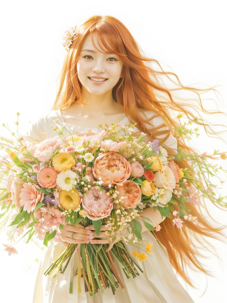 Anime girl smiling widely , smiling eyes with long red hair holding a bouquet of flowers., with flowers, by Yamagata Hiro, Lt. Ayami Kojima, made of flowers, By Iwao Takamoto, Goddess of flowers, very very Beautiful art, By Yasutomo Oka, by Eizan Kikukawa, Beautiful art, by Yanagawa Nobusada, By Kentaro Miura