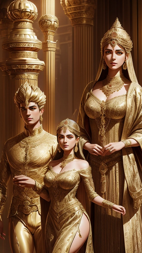 Create a classical, surreal-style image portraying powerful families. The image should have an ethereal, otherworldly atmosphere. Depict ancient, towering mansions with intricate architectural details and opulent decor, surrounded by an aura of mystery. The figures in the image should exude an air of authority and control, dressed in elegant, period-specific attire. Include symbolic elements like golden coins, scales of justice, and intricate clocks, representing wealth, power, and manipulation of time and events. The background should blend historical elements with fantastical, dream-like scenery, enhancing the surreal effect.