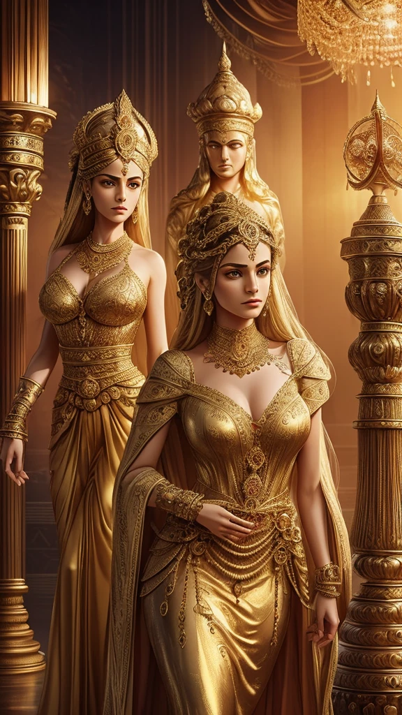 Create a classical, surreal-style image portraying powerful families. The image should have an ethereal, otherworldly atmosphere. Depict ancient, towering mansions with intricate architectural details and opulent decor, surrounded by an aura of mystery. The figures in the image should exude an air of authority and control, dressed in elegant, period-specific attire. Include symbolic elements like golden coins, scales of justice, and intricate clocks, representing wealth, power, and manipulation of time and events. The background should blend historical elements with fantastical, dream-like scenery, enhancing the surreal effect.