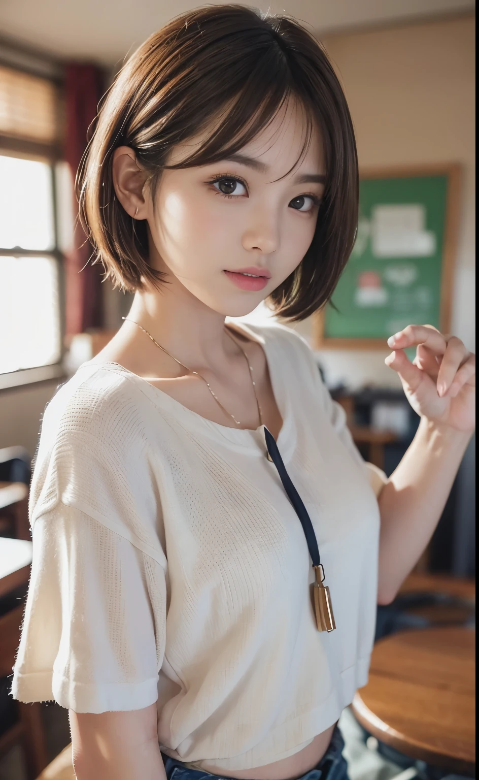 Cute 21 year old Japanese、university student、Large classroom、barely、Ultra-detailed face、An eye for detail、double eyelid、Beautiful thin nose、Sharp Focus:1.2、Beauty:1.4、(Light brown hair、short hair、Highest quality、illumination、Impressive、Ultra-high resolution、(Photorealistic:1.4)、Cute spring clothes、