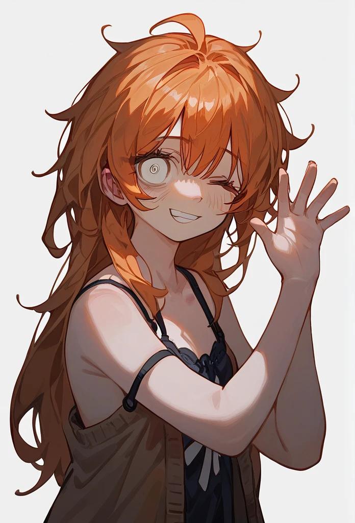 masterpiece, best quality, (score_9, score_8_up, score_7_up), 1 girl, solo, portrait, onepieceNami, bags under eyes, orange hair, long hair, messy hair, white dress, spaghetti straps, sleeveless dress , brown cardigan, standing, hand scratching eye, one eye closed, one hand raised, delicate hands, sleepy, waving mouth, looking at viewer, white background, simple background, masterpiece, best quality