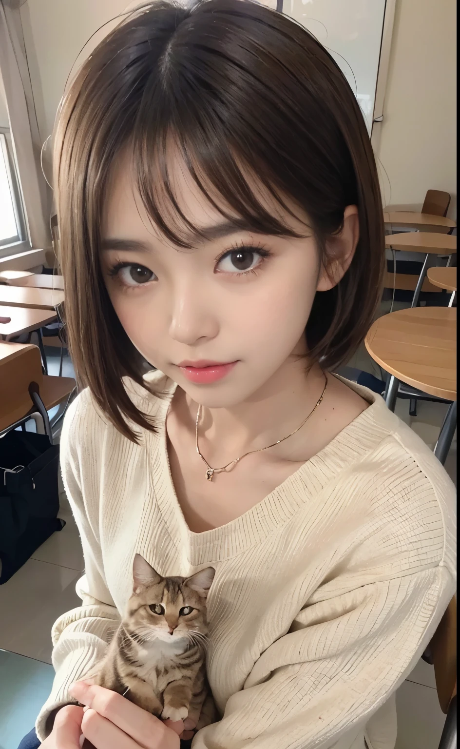 Cute 21 year old Japanese、university student、Large classroom、barely、Ultra-detailed face、An eye for detail、double eyelid、Beautiful thin nose、Sharp Focus:1.2、Beauty:1.4、(Light brown hair、short hair、Highest quality、illumination、Impressive、Ultra-high resolution、(Photorealistic:1.4)、Cute spring clothes、