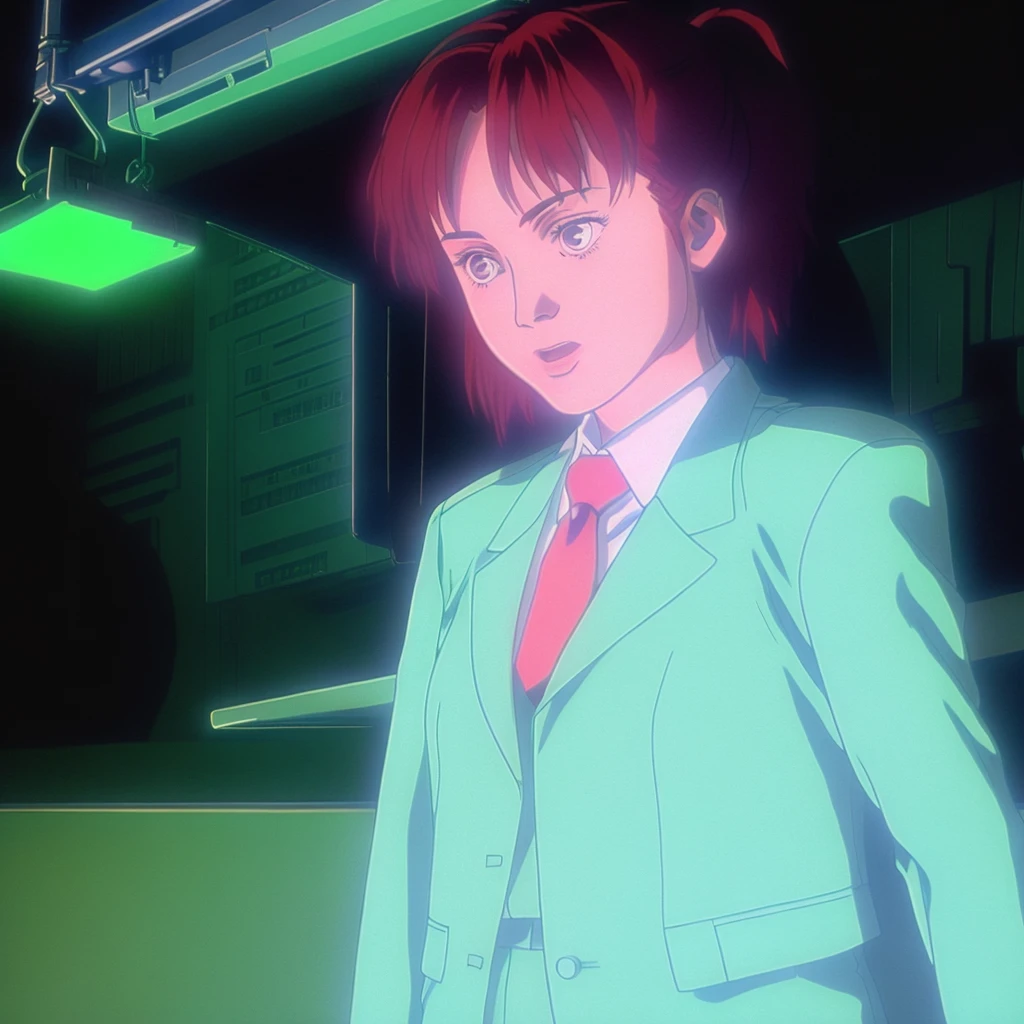 a woman in a suit and tie with a red tie on her head and a green light in the background 