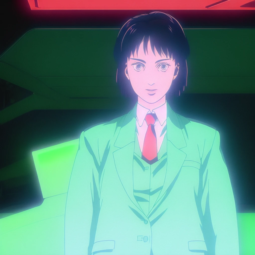 a woman in a suit and tie with a red tie on her head and a green light in the background 