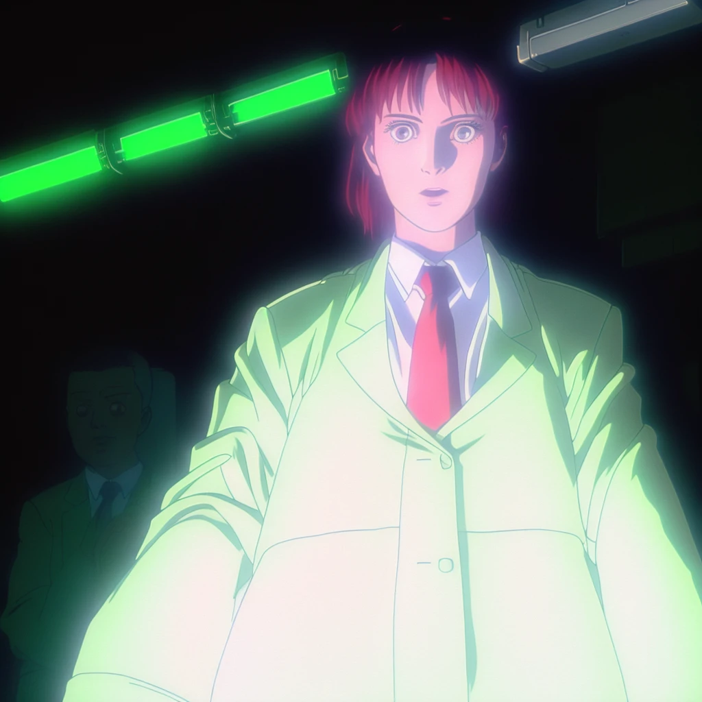 a woman in a suit and tie with a red tie on her head and a green light in the background