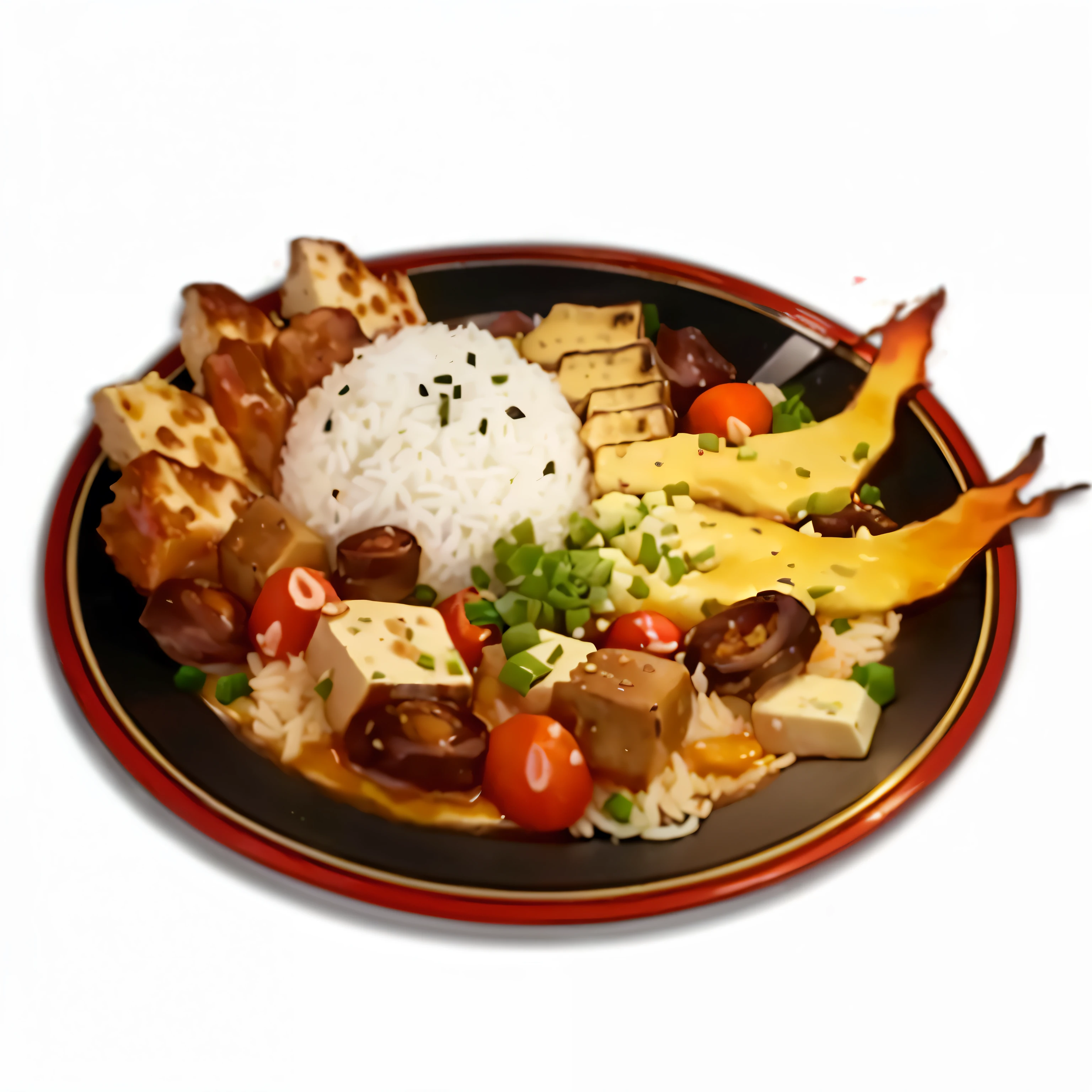 There is a plate of food，With rice and meat on top, ❤🔥🍄🌪, Anime Food, Offer a plate of food, Hyper-realistic food pictures, Map tofu cartoon, [ [ Surrealism ] ], Inspired by Tananomura’s architecture, Inspired by Okada Kitasanjin, appetizing, delicious food, Fantasy food, 8K!!