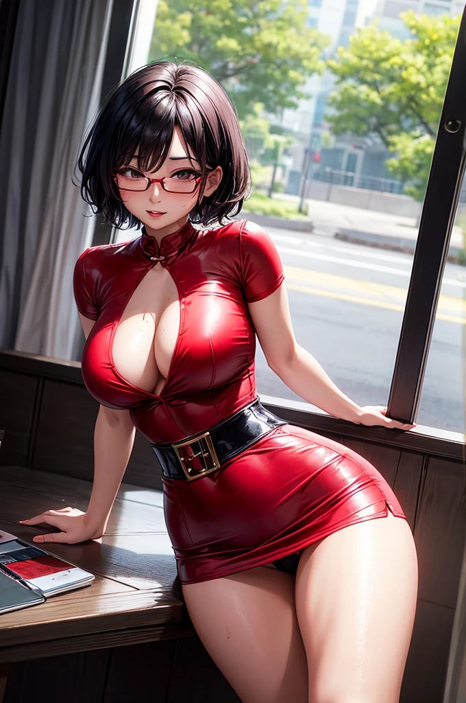Asian girl with short hair in a red blouse with great cleavage and glasses and a black miniskirt that is very short at the waist showing her panties and with thick thighs and wide hips seducing and sticking out her skinny ass sexual pose (very wet) and with a seductive face