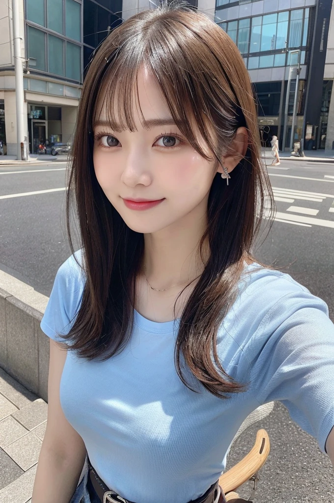 (8k, RAW photo, top quality, masterpiece: 1.2), (realistic, photorealistic: 1.37), three-dimensional, ultra detail, ultra high resolution, one girl, beholder, beautiful detailed face, smile, constriction, (slim waist), beautiful detailed skin, skin texture, floating hair, professional lighting, Japanese beautiful girl, medium hair, beautiful hair, 20 years old, attractive breasts, huge breasts, full body from toes to head, standing, Shift gaze away, gaze into the distance, Sibuya city, slightly smiles, bracelet, earing, slacks, loose light blue T-shirts, T-shirt in slacks, belt,