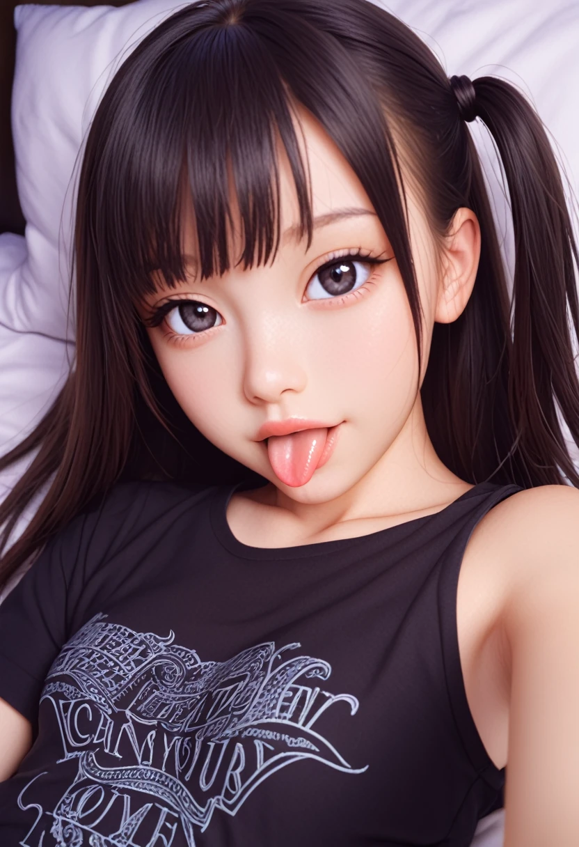 ollarbone,pastel colors t-shirt,off-shoulder look,bare shoulder,midriff peek,string panties,open mouth,(tongue out:2),lying,Selfie,looking ahead,from above,front view,upper body,(1girl,Beautiful 14 year old girl),((Slender,Small breasts,Small face,)),(looking at viewer),Black Hair,bangs,one side up,Beautiful and detailed,(Dimly lit room:1.5),Simple Background,bed,pillow,best quality,Brilliant Quality