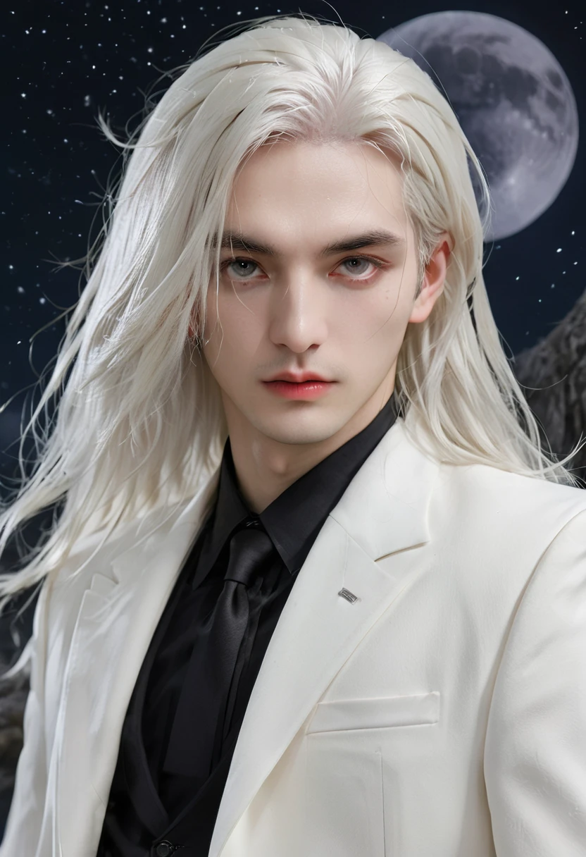 masterpiece, best quality, (Solitary focus), (Perfect face:1.1), (High Detail:1.1), (Extremely detailed eyes), dramatic, Pale skin、Man with thick white hair, White eyes, Solitary, Long hair, Sephiroth, moon, night, White luxury suit, Cover the navel, Pursed lips, fur, Arrogant expression, Rose花园, Detailed background, artgerm, light, Rose, Fashion, Balenciaga style