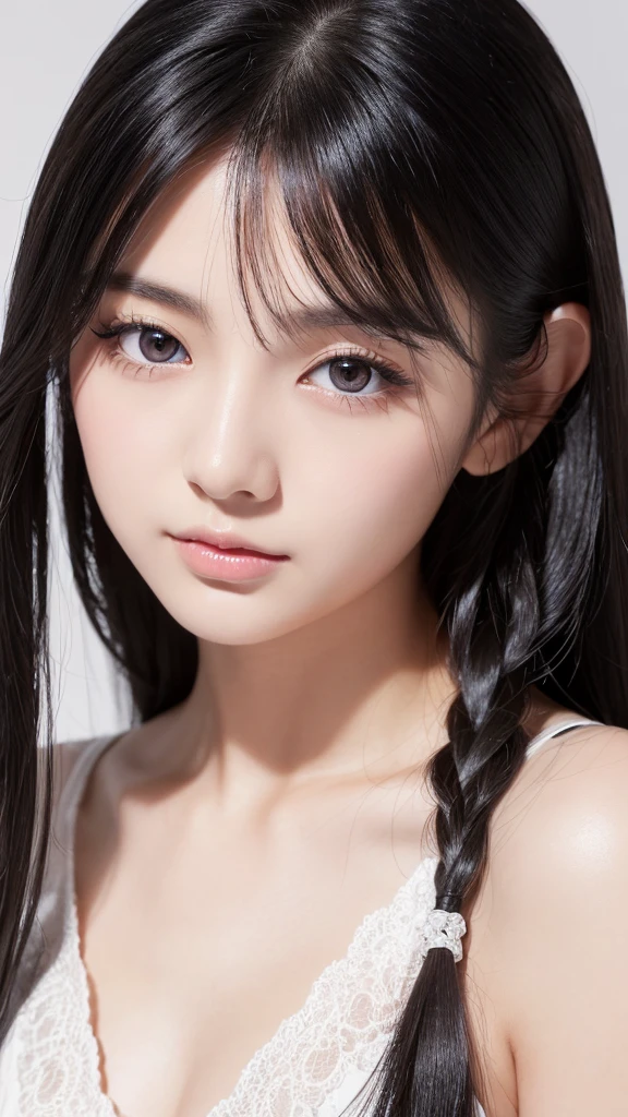 (High resolution:1.3), Japanese, (One Girl), Beautiful Face, (Black-haired、Long Hair:1.3), Beautiful Hairstyles, Realistic eyes, Beautifully detailed eyes, (White skin:1.2), Beautiful skins, Highly detailed cute girl,(20-year-old), White background