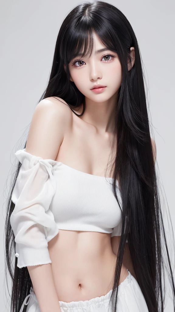 (High resolution:1.3), Japanese, (One Girl), Beautiful Face, (Black-haired、Long Hair:1.3), Beautiful Hairstyles, Realistic eyes, Beautifully detailed eyes, (White skin:1.2), Beautiful skins, Highly detailed cute girl,(20-year-old), White background