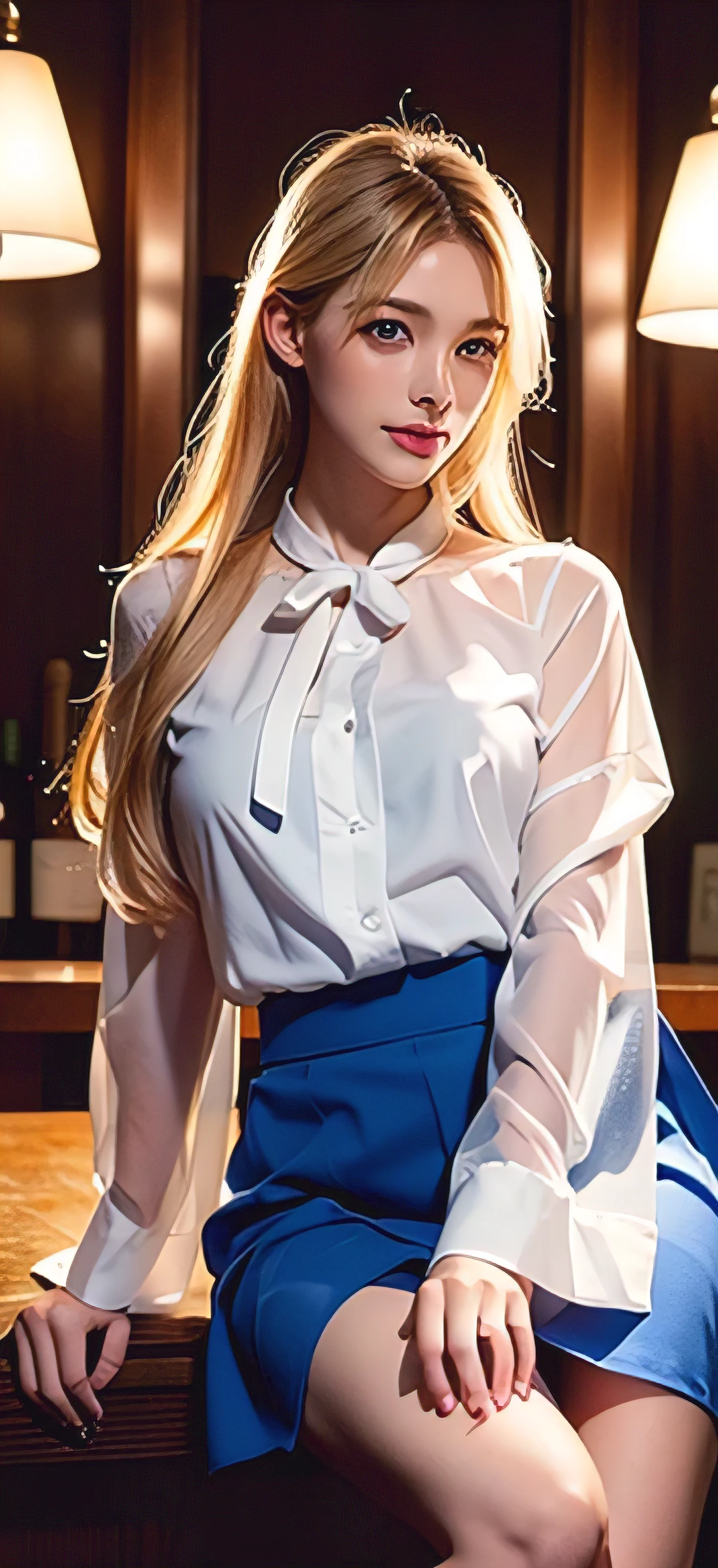 blue eyes、blonde、Ultra-long、Full body photo、Sexy Face、 A look of complete lust、(((masterpiece)))、((Highest quality))、((超Realistic))、Mature Woman、Mature Woman、perspective、Very detailed、The perfect temptation、Best image quality、Fine-grained image quality、beautiful、jewelry, blue eyes, Realistic, High resolution, Glowing Skin, (Detailed face)、wearing white plain blouse with big ribbon tie_long see-through sleeves,blue flared mini skirt,Sits on a bar chair by the counter in a seductive pose in a stylish bar at night,shy smile、